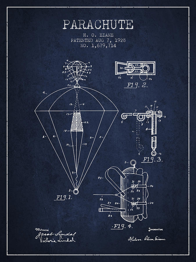 Parachute Patent From 1928 - Navy Blue Digital Art