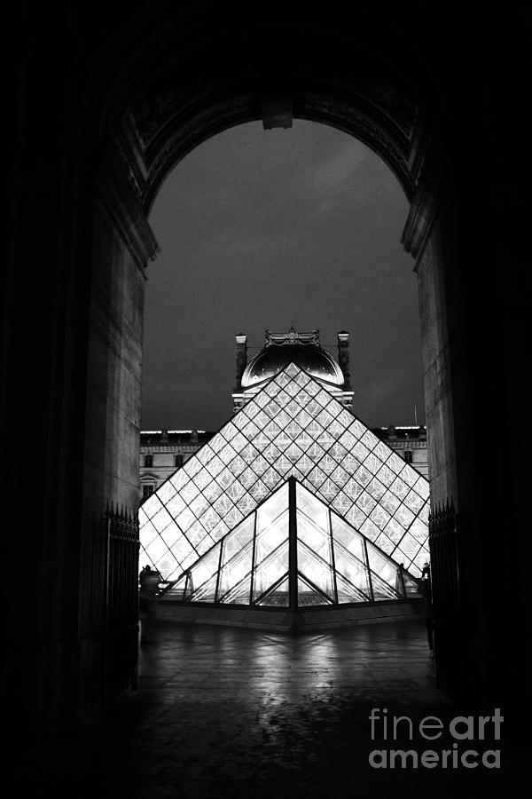 Paris Black and White Louvre Museum Art - Louvre Black and White Pyramid Night Lights and Arch Photograph by Kathy Fornal