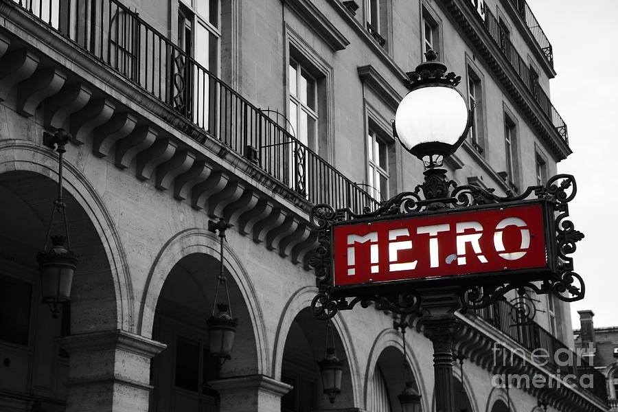 Paris Black and White Metro Sign Photo - Paris Metro Sign Architecture Art Deco Photograph by Kathy Fornal