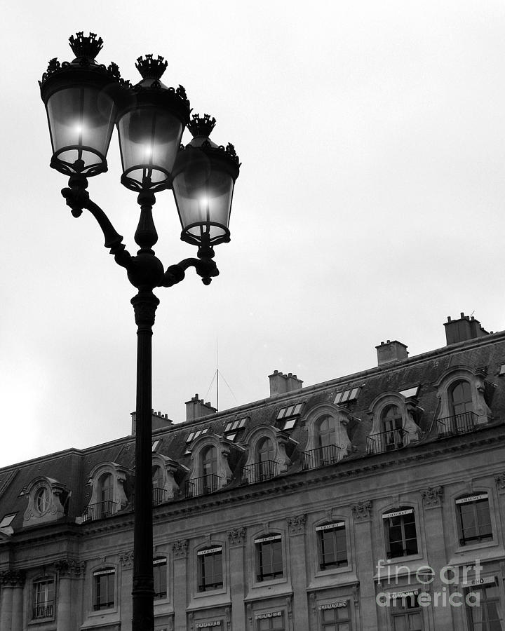 Paris Black and White Photograph - Place Vendome Lanterns Architecture Street Lamps Photograph by Kathy Fornal