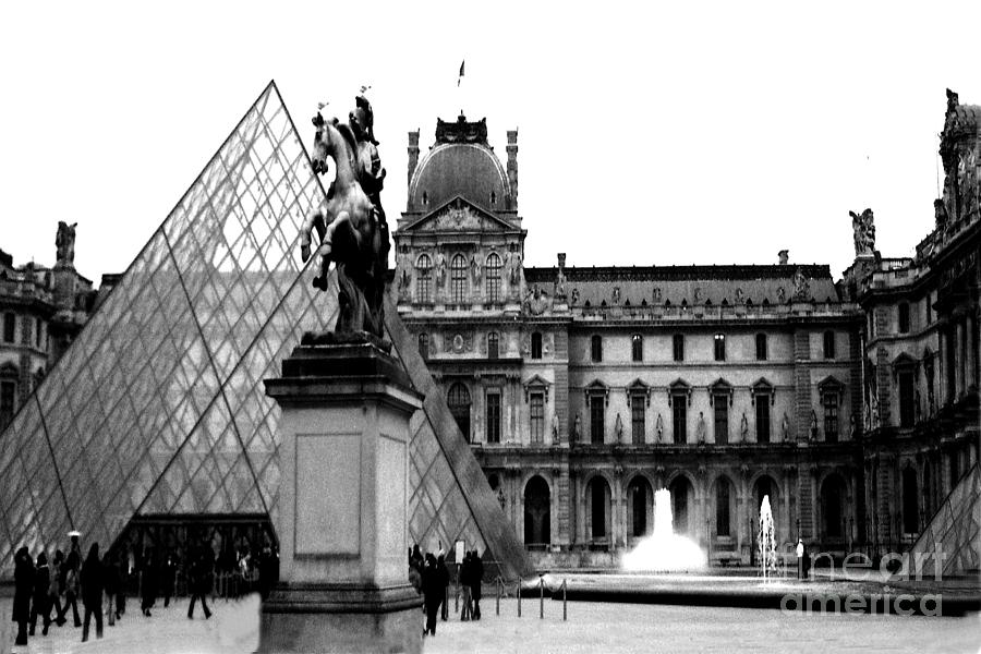 Paris Black White Louvre Museum France  - Louvre Museum Pyramid Black White Architecture Landmark Photograph by Kathy Fornal