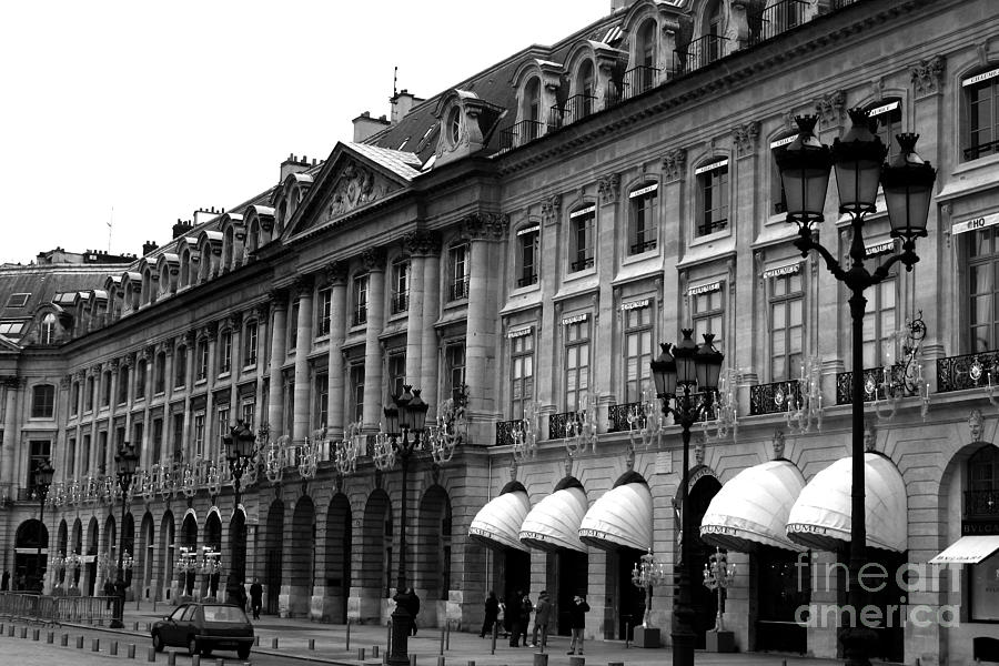Paris Black and White Photography - Place Vendome Hotel Chaumet Architecture Street Lanterns Photograph by Kathy Fornal