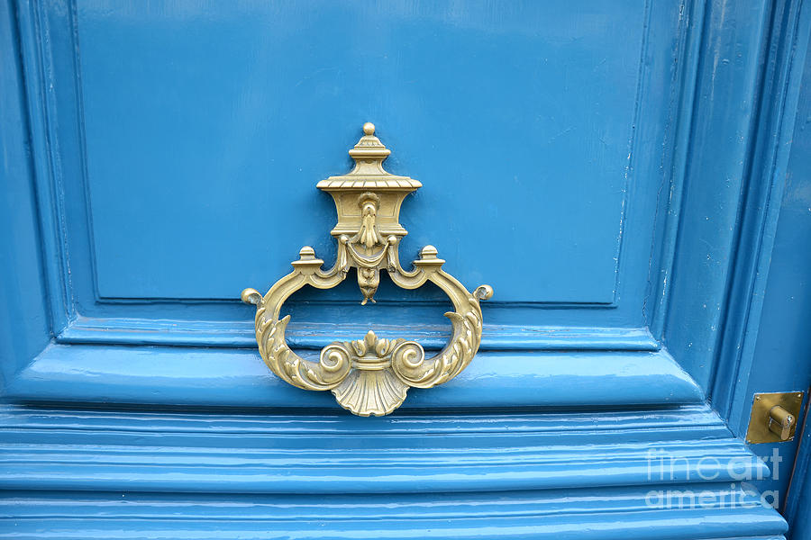 Paris Landmarks Photograph - Paris Blue Door Brass Knocker - Parisian Royal Blue Doors and Brass Paris Door Knockers by Kathy Fornal