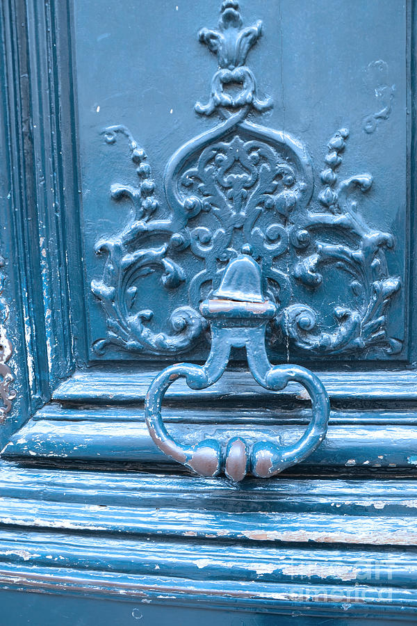 Paris Blue Vintage Door - Paris Antique Vintage Blue Door Knocker - Paris Door Architecture Photograph by Kathy Fornal