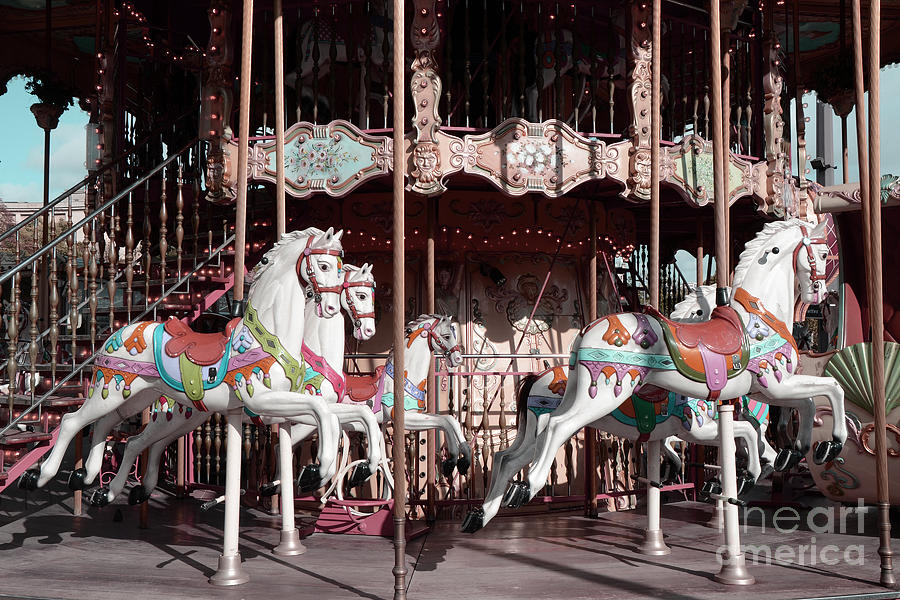 Paris Carousel Horses Merry Go Round - Paris Eiffel Tower Carousel Horses Merry Go Round Photograph by Kathy Fornal