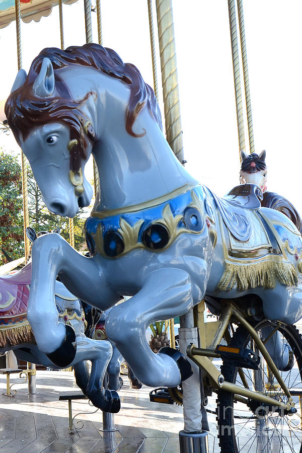 Paris Carousel Merry Go Round Horse Pony - Paris Blue Carousel Pony Baby Boy Blue Carnival Decor Photograph by Kathy Fornal