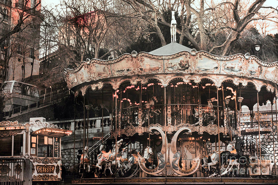 Paris At Night Photograph - Paris Carousel Merry Go Round Sepia -  Paris Carousel Montmartre District Sacre Coeur by Kathy Fornal
