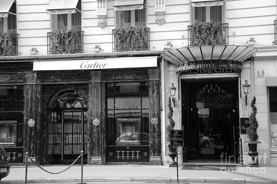 Paris Cartier Black and White Art - Paris Cartier Hotel Westminster Architecture Street Photography Photograph by Kathy Fornal