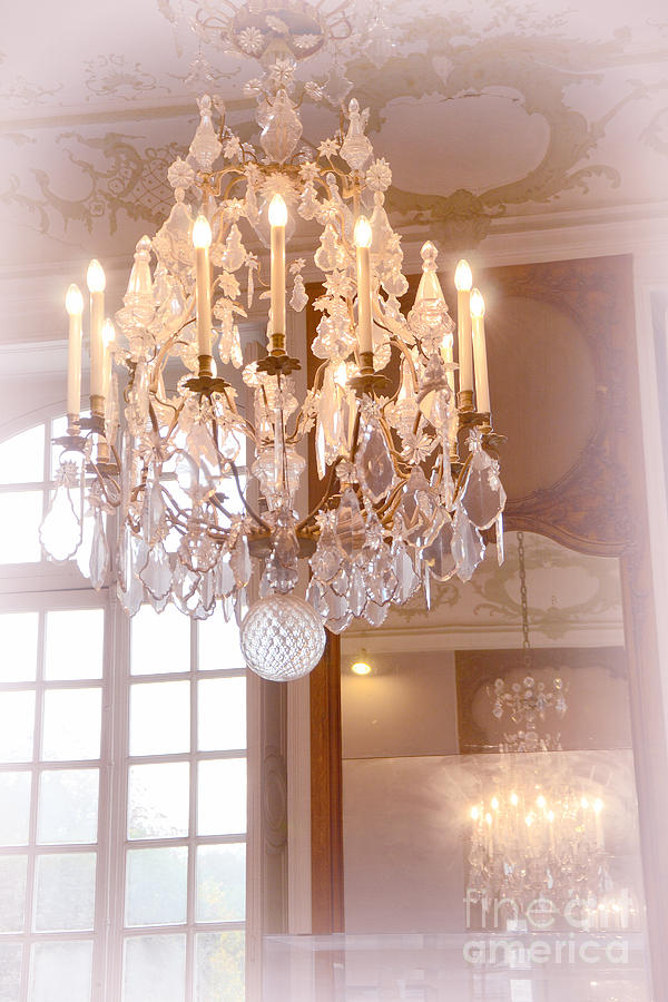 Paris Chandeliers - Dreamy Pastel Pink Rodin Museum Crystal Chandelier With Reflection In Mirror Photograph by Kathy Fornal