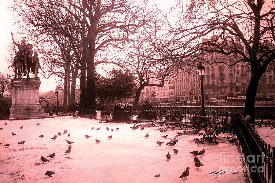 Paris Charlemagne Notre Dame Cathedral Courtyard - Paris Dreamy Pink Notre Dame Statue With Pigeons  Photograph by Kathy Fornal
