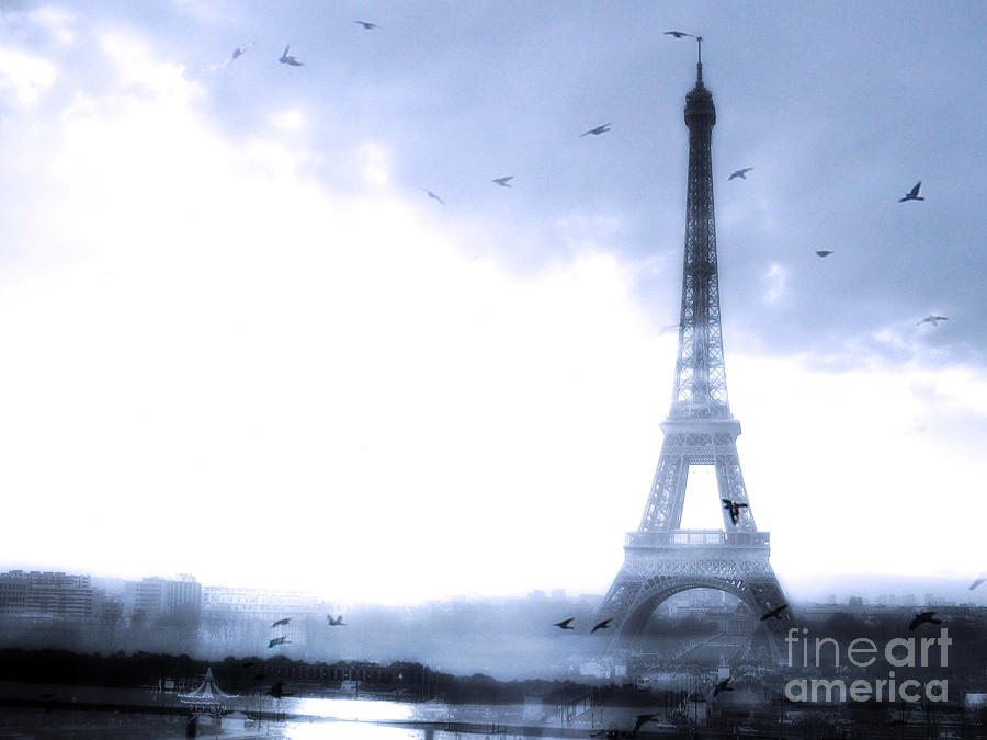 Paris Dreamy Blue Eiffel Tower With Birds Flying - Surreal Fantasy Eiffel Tower Pastel Blue Photograph by Kathy Fornal