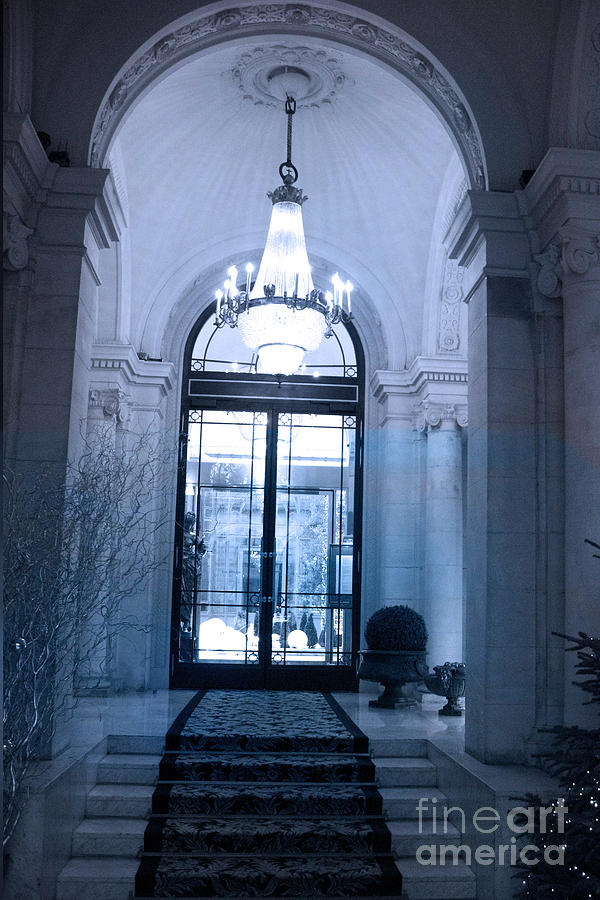 Paris Dreamy Blue Posh Hotel Interior Arch Entry With Sparkling Crystal Chandelier   Photograph by Kathy Fornal