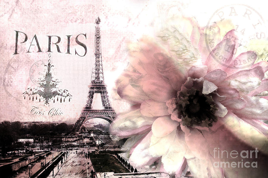 Paris Photograph - Paris Eiffel Tower Montage - Paris Romantic Pink Sepia Eiffel Tower Flower French Cottage Decor  by Kathy Fornal