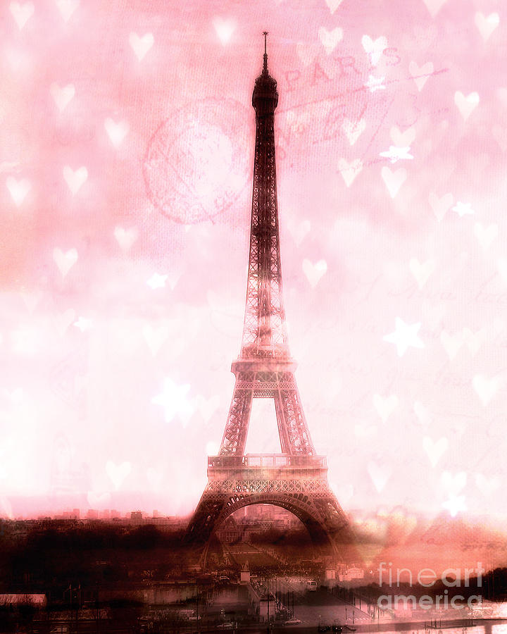 Paris Eiffel Tower Pink With Hearts and Stars - Paris Pink Eiffel Tower Romantic Pink Art Photograph by Kathy Fornal