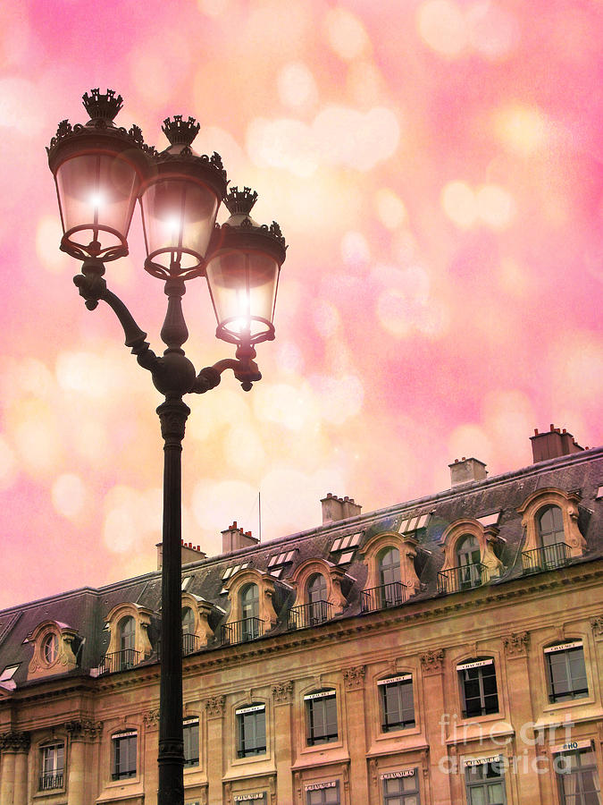 Paris Dreamy Pink Surreal Place Vendome Sparkling Street Lamps - Paris Lanterns Architecture Photograph by Kathy Fornal