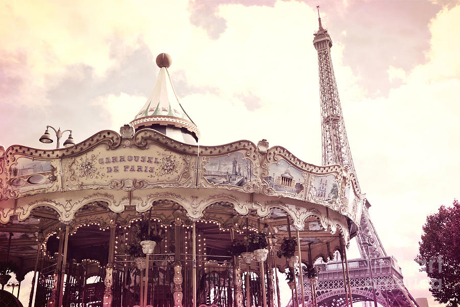 Paris Dreamy Pink Yellow Carousel Eiffel Tower Champs des Mars - Paris Carrousel de Paris  Photograph by Kathy Fornal