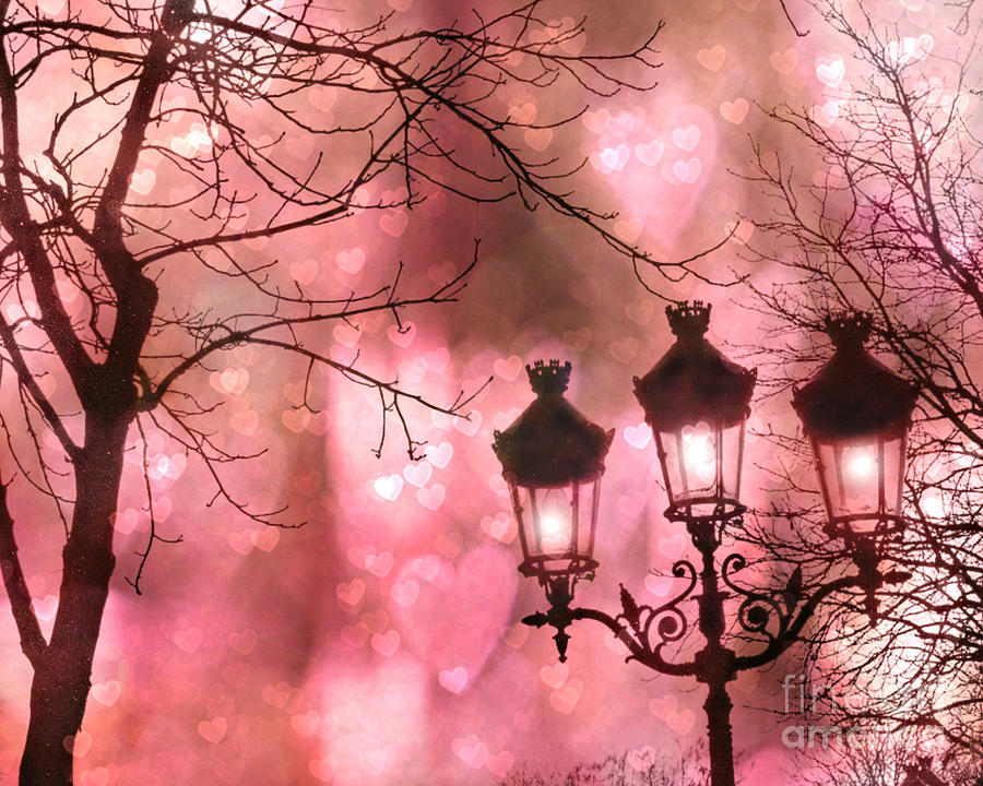 Paris Street Lamps Photograph - Paris Dreamy Romantic Pink Black Street Lamps - Paris Fantasy Pink Night Lanterns by Kathy Fornal
