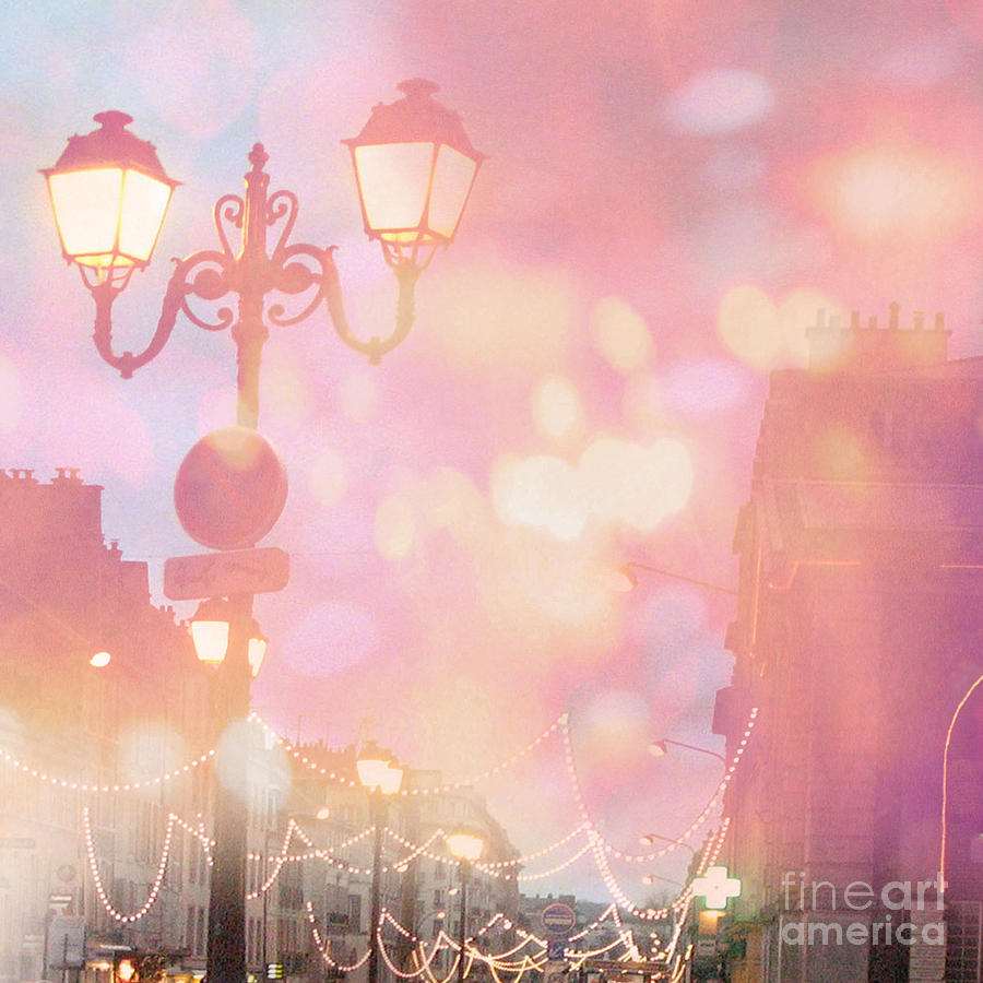 Paris Street Lamps Photograph - Paris Dreamy Surreal Night Street Lamps Lanterns Fantasy Bokeh Lights by Kathy Fornal