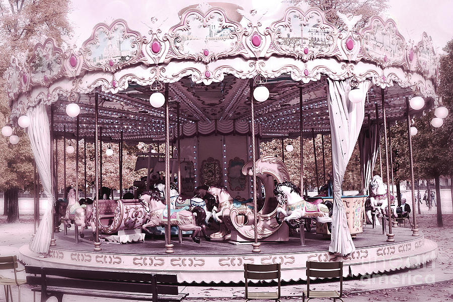 Paris Photograph - Paris Dreamy Tuileries Park Pink Carousel Merry Go Round - Paris Pink Bokeh Carousel Horses by Kathy Fornal