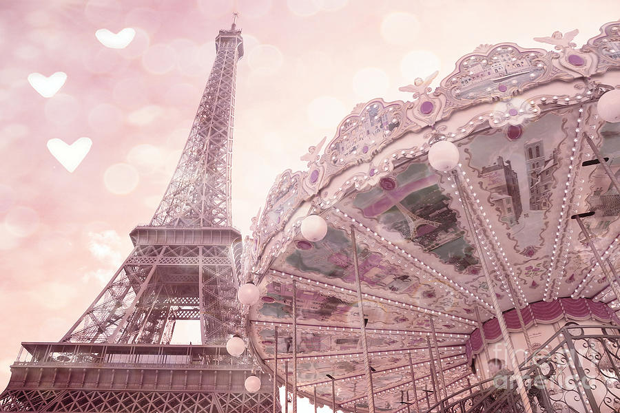 Paris Eiffel Tower Carousel Merry Go Round With Hearts - Eiffel Tower Carousel Baby Girl Nursery Art Photograph by Kathy Fornal