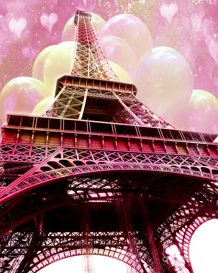 Paris Eiffel Tower Pink and Yellow With Hearts and Balloons - Paris Eiffel Tower Kids Room Art  Photograph by Kathy Fornal