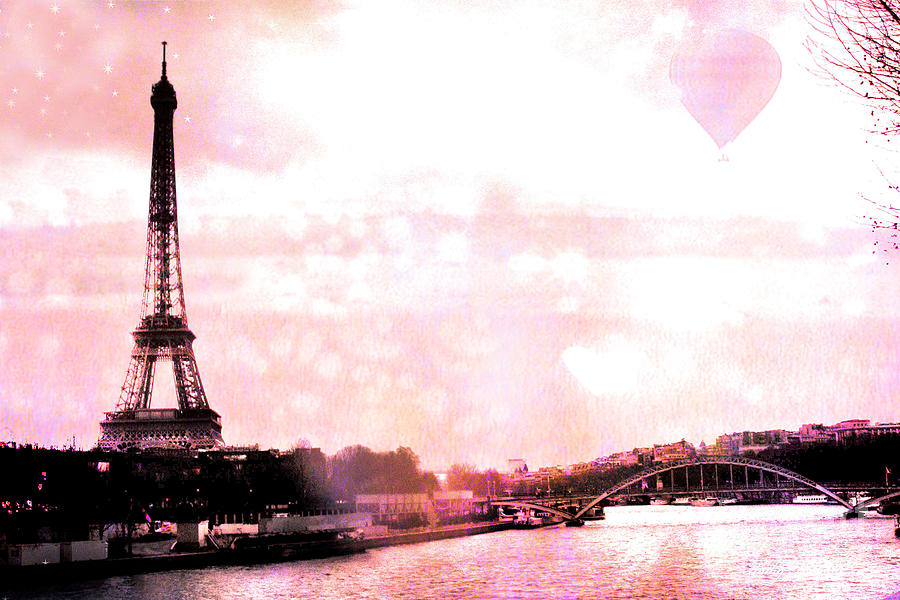 Eiffel Tower Photograph - Paris Eiffel Tower Pink - Dreamy Pink Eiffel Tower With Hot Air Balloon by Kathy Fornal