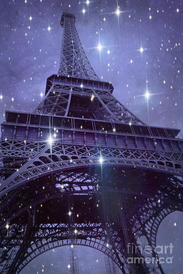 Paris Lavender Purple Eiffel Tower Starry Night Eiffel Tower Stars Celestial Fantasy Sparkling Decor Photograph by Kathy Fornal