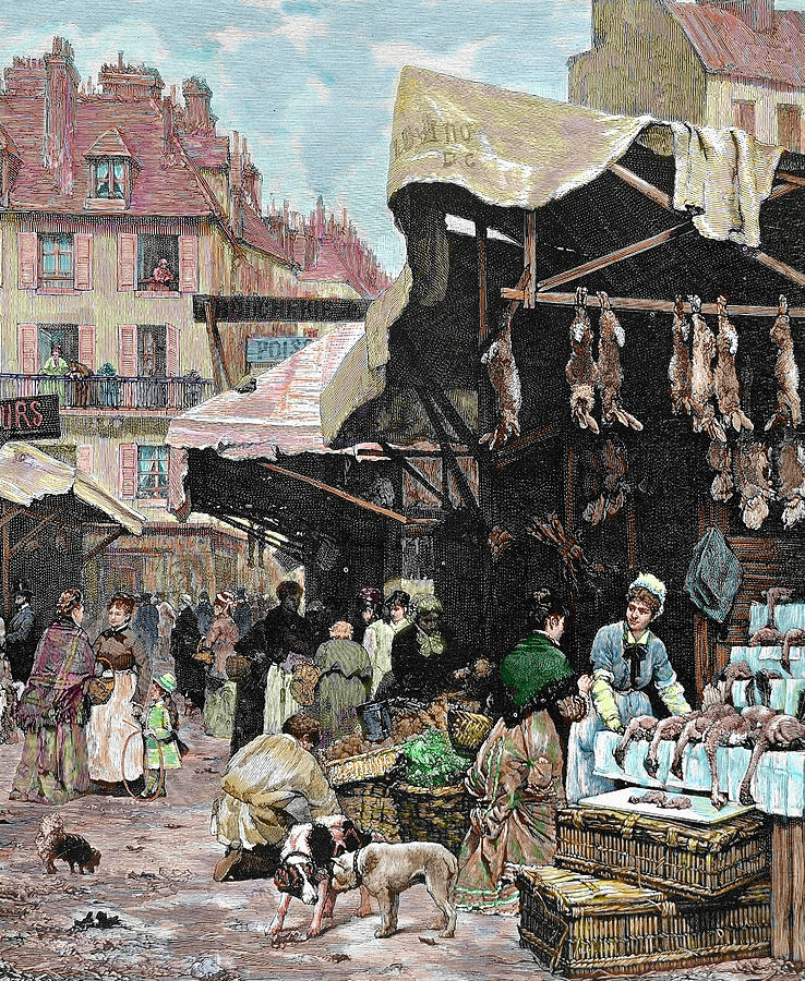Chicken Photograph - Paris, France Market Colored Engraving by Prisma Archivo