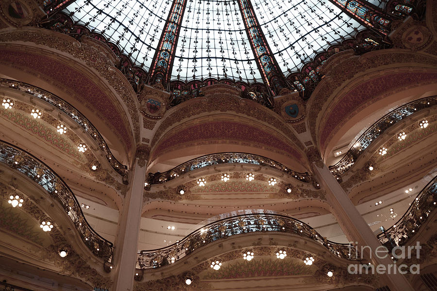 Paris Galeries Lafayette Stained Glass Ceiling Dome - Paris Architecture Glass Ceiling Dome Balcony Photograph by Kathy Fornal