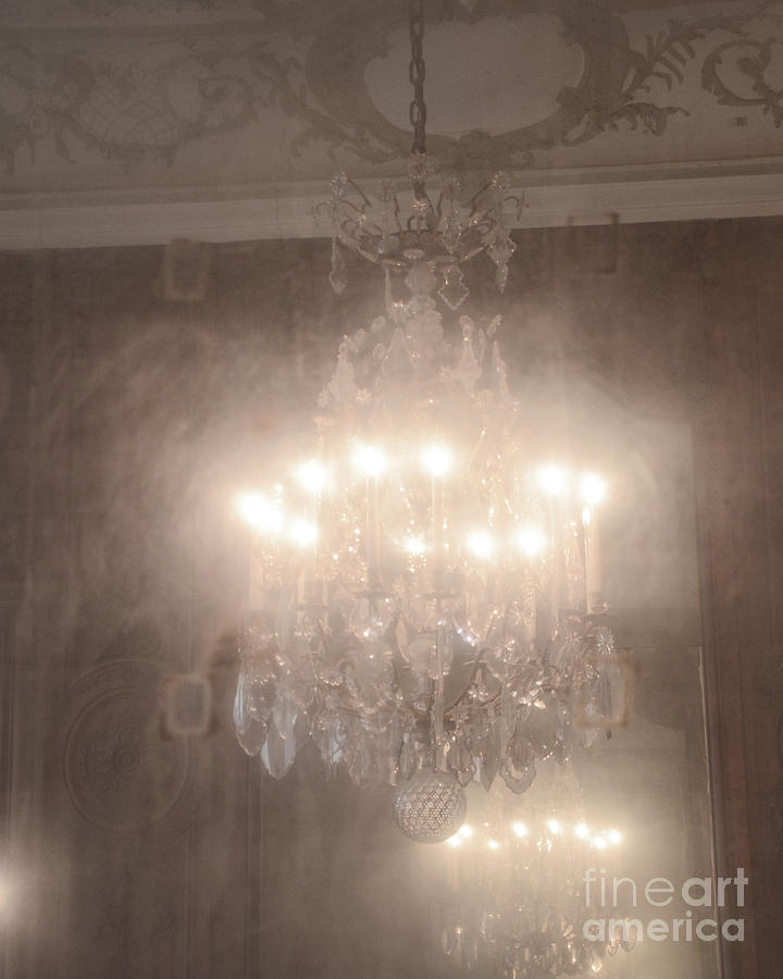 Paris Romantic Chandelier Rodin Museum - Hotel Biron Haunting Vintage Chandelier Mirror Reflection  Photograph by Kathy Fornal