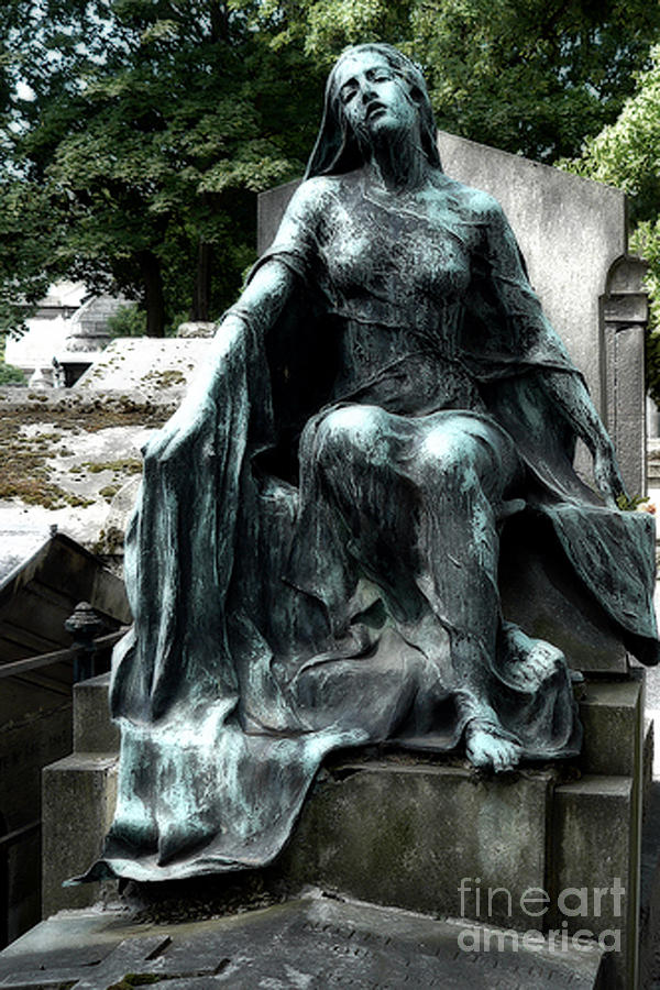 Paris Gothic Female Mourner - Montmartre Cemetery Female Sculpture - Mother Looking Over Son Photograph by Kathy Fornal