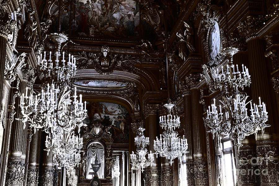 Paris Hall of Chandeliers Blue and Black Art Deco - Paris Opera House Opulent Sparkling Chandeliers Photograph by Kathy Fornal