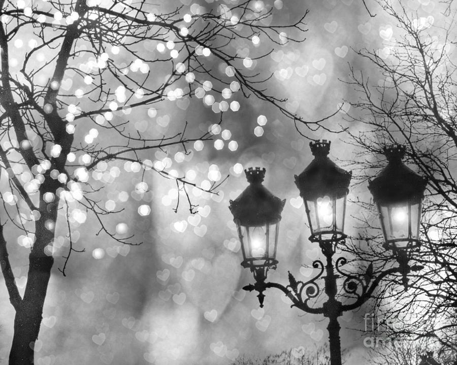 Paris Christmas Sparkle Lights Street Lanterns - Paris Holiday Street Lamps Black and White Lights Photograph by Kathy Fornal