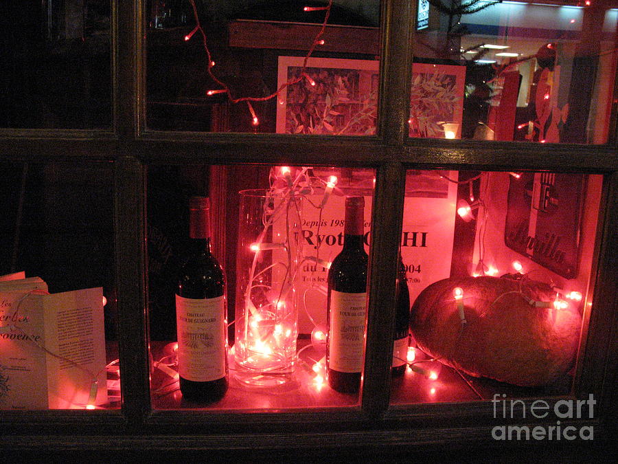 Paris Holiday Christmas Wine Window Display - Paris Red Holiday Paris Christmas Wine Bottles  Photograph by Kathy Fornal