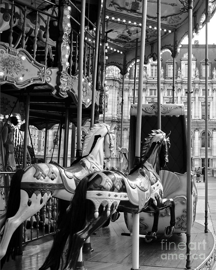 Paris Hotel DeVille Carousel Horses - Paris Black White Carousel Horses Merry Go Round Carousel  Photograph by Kathy Fornal