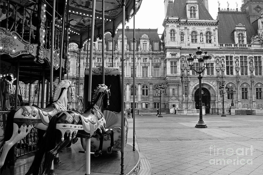 Paris Hotel DeVille Black and White Photography - Paris Carousel Merry Go Round at Hotel DeVille  Photograph by Kathy Fornal