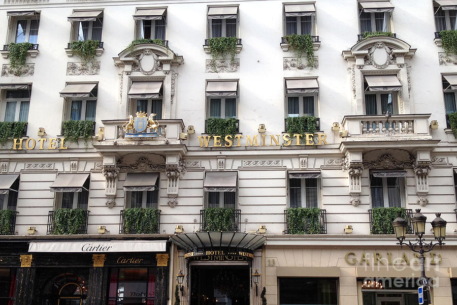 Paris Hotel Westminister WIndows and Balconies - Paris Hotel Architecture - Paris Cartier Shop Photograph by Kathy Fornal