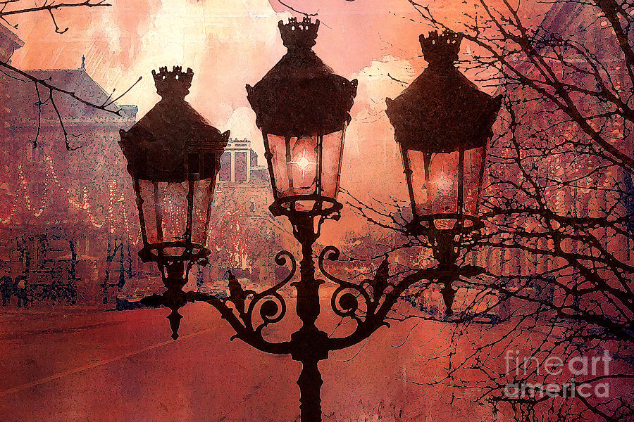 Paris Impressionistic Street Lamps Surreal Black Orange Street Lanterns Architecture Photograph by Kathy Fornal