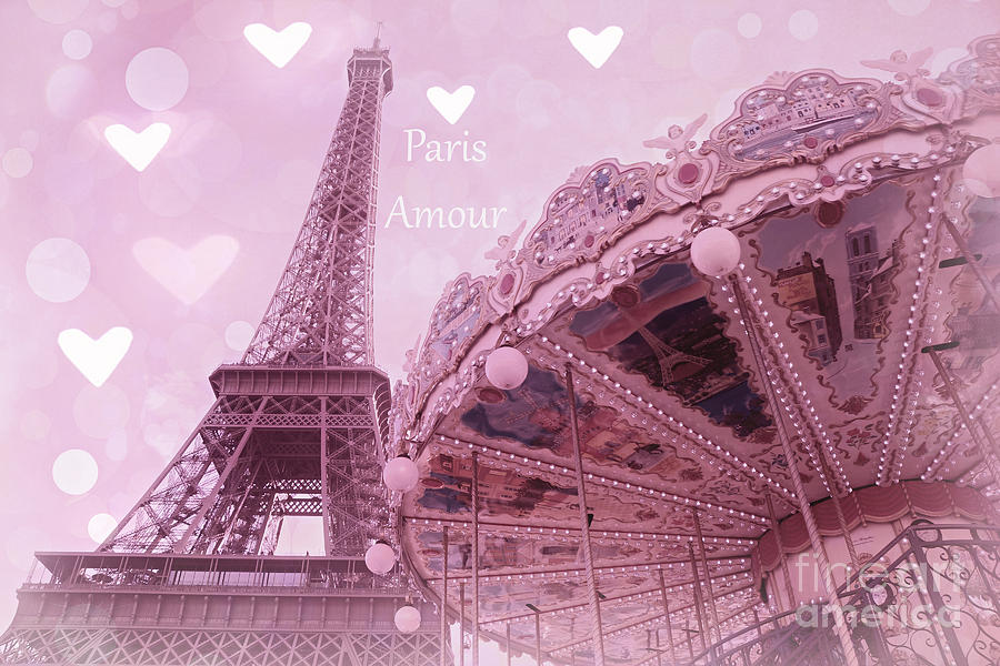 Paris In Love - Paris Amour With Hearts - Eiffel Tower Lavender Hearts Carousel Print - Paris Amour Photograph by Kathy Fornal
