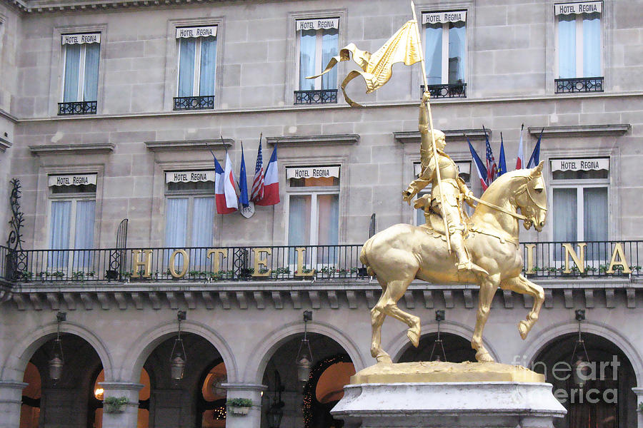 Paris Joan of Arc Statue In Front of Hotel Regina  - Joan of Arc Monument Statue  Photograph by Kathy Fornal