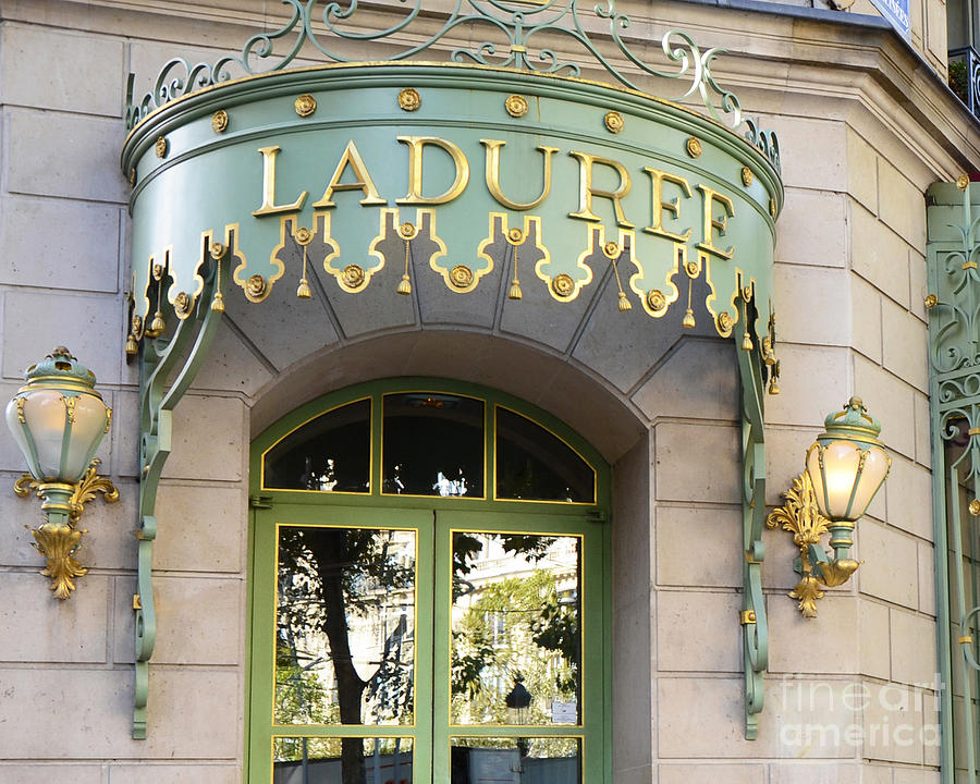 Paris Photograph - Paris Laduree Door Sign - Romantic Paris Laduree Green and Gold Door Sign and Lamps by Kathy Fornal