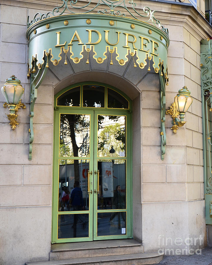 Paris Laduree Fine Art Door Print - Paris Laduree Green and Gold Door Sign With Lanterns Photograph by Kathy Fornal