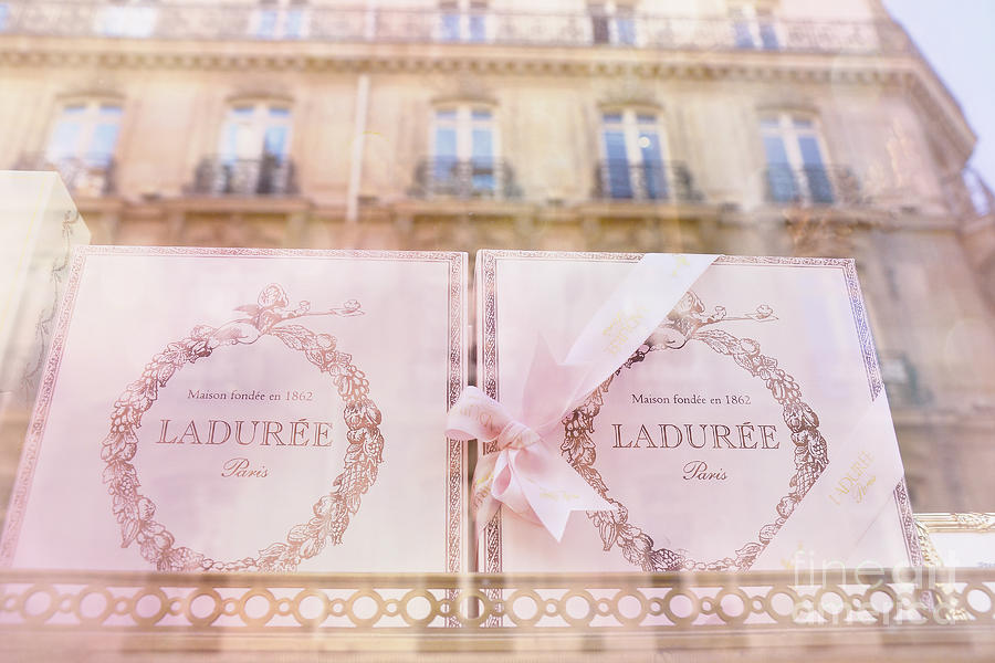 Paris Photograph - Paris Laduree Pink Boxes Wndow Display - Paris Laduree Macaron Shop Dreamy Pink Boxes Art by Kathy Fornal