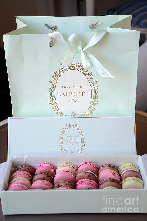 Paris Photograph - Paris Laduree Macarons - Dreamy Laduree Box of French Macarons With Laduree Bag  by Kathy Fornal