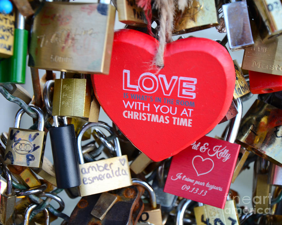 Paris Locks of Love Padlocks and Red Valentine Love Heart - Paris Locks of Love Over The River Seine Photograph by Kathy Fornal