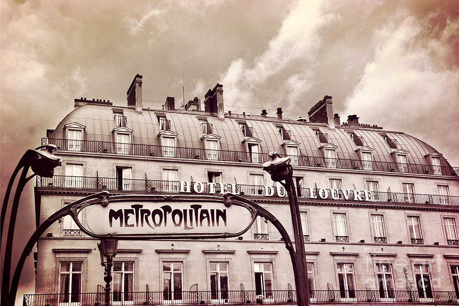 Paris Louvre Metropolitain Sign at the Hotel Du Louvre - Paris Metro Sepia Art Deco Sign Photograph by Kathy Fornal