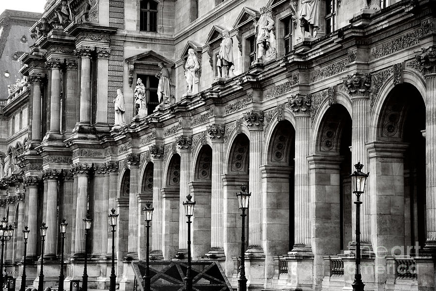 Paris Louvre Museum Architecture Street Lamps Lanterns - Louvre Museum Black and White  Photograph by Kathy Fornal