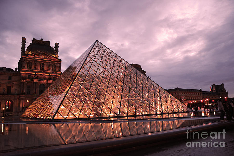 The Louvre Museum Photograph - Paris Louvre Museum Dusk Twilight Night Lights - Louvre Pyramid Triangle Night Lights Architecture  by Kathy Fornal