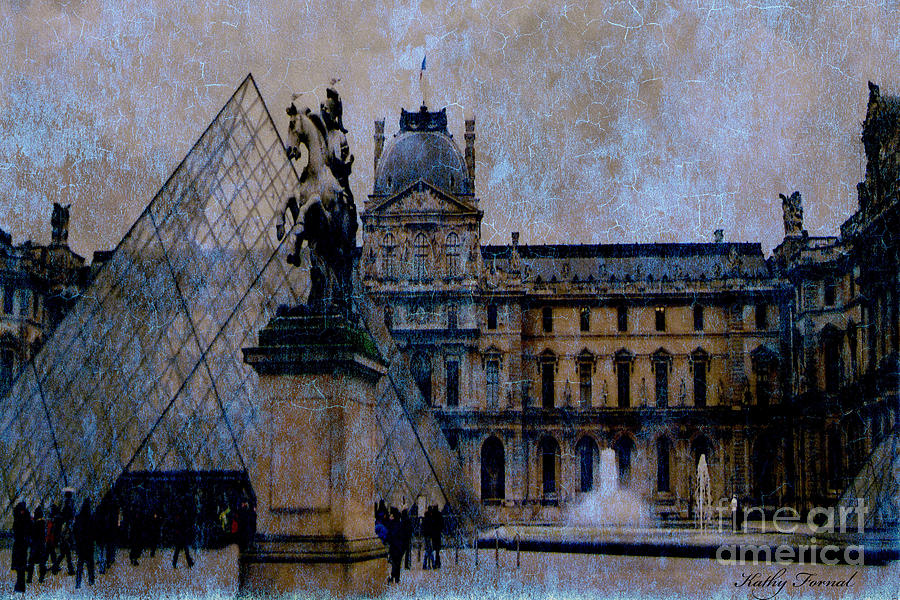 Paris Louvre Museum Impressionistic - Surreal Blue Brown Louvre Pyramid Architecture Sculptures Photograph by Kathy Fornal