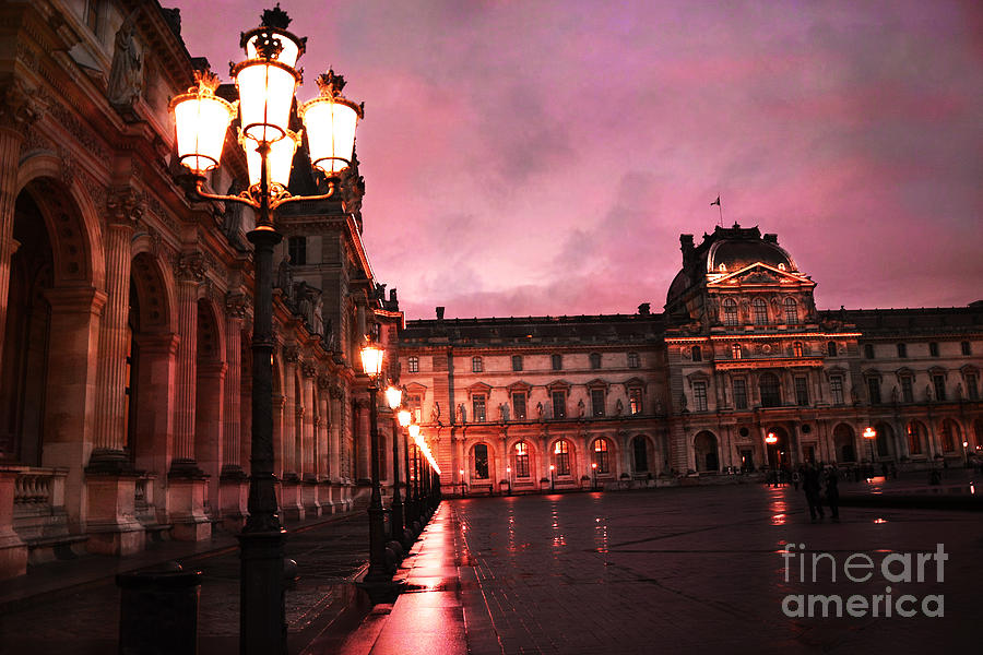 Paris Louvre Museum Night Architecture Street Lamps - Paris Louvre Museum Lanterns Night Lights Photograph by Kathy Fornal